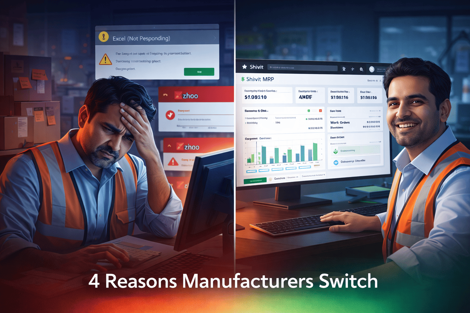 Indian factory manager switching from Zoho ERP issues to Shivit MRP dashboard showing manufacturing workflow improvement