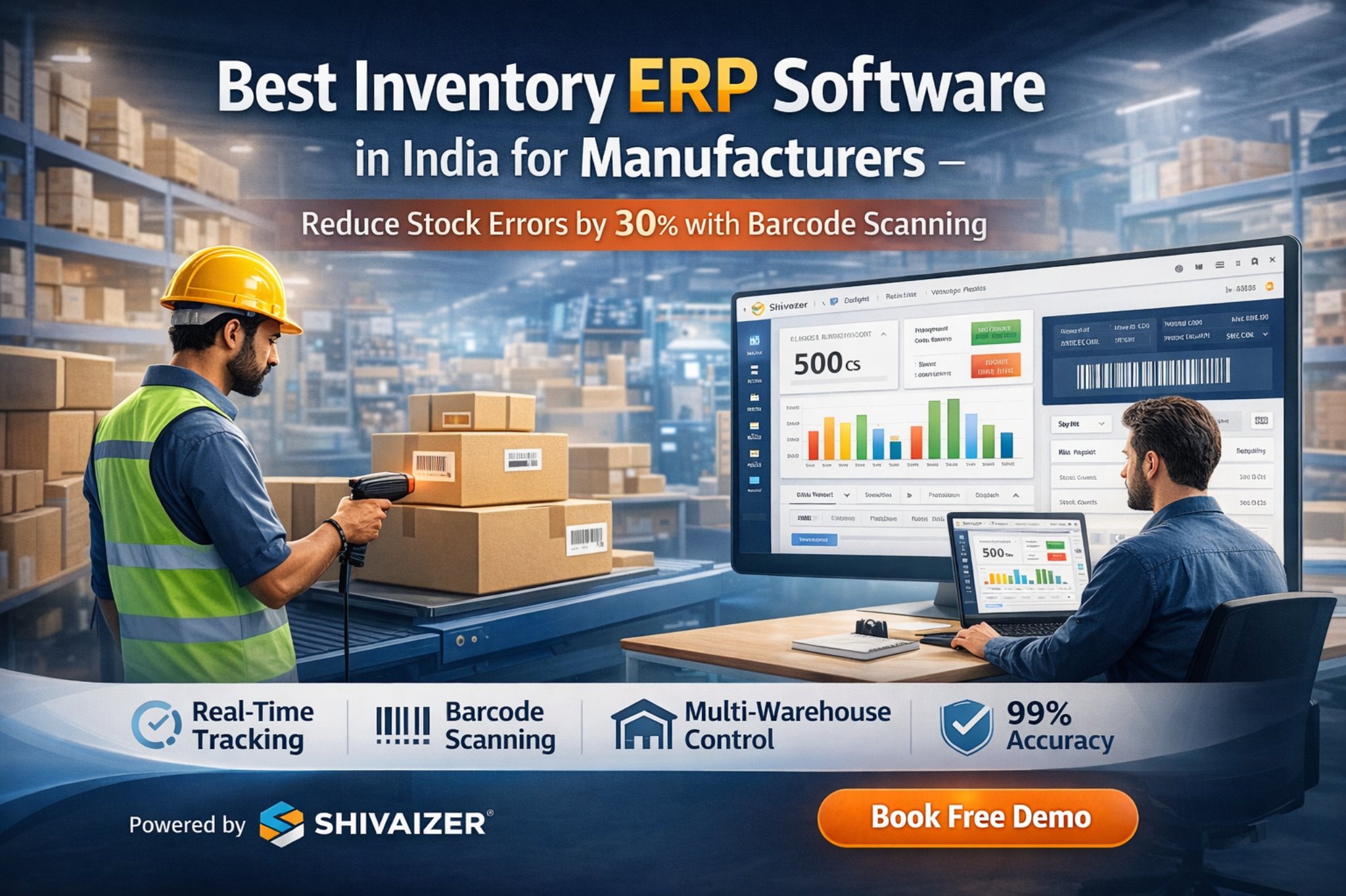 Best ERP software for Indian manufacturers showing real-time inventory tracking, barcode scanning, and multi-warehouse management using Shivaizer ERP system