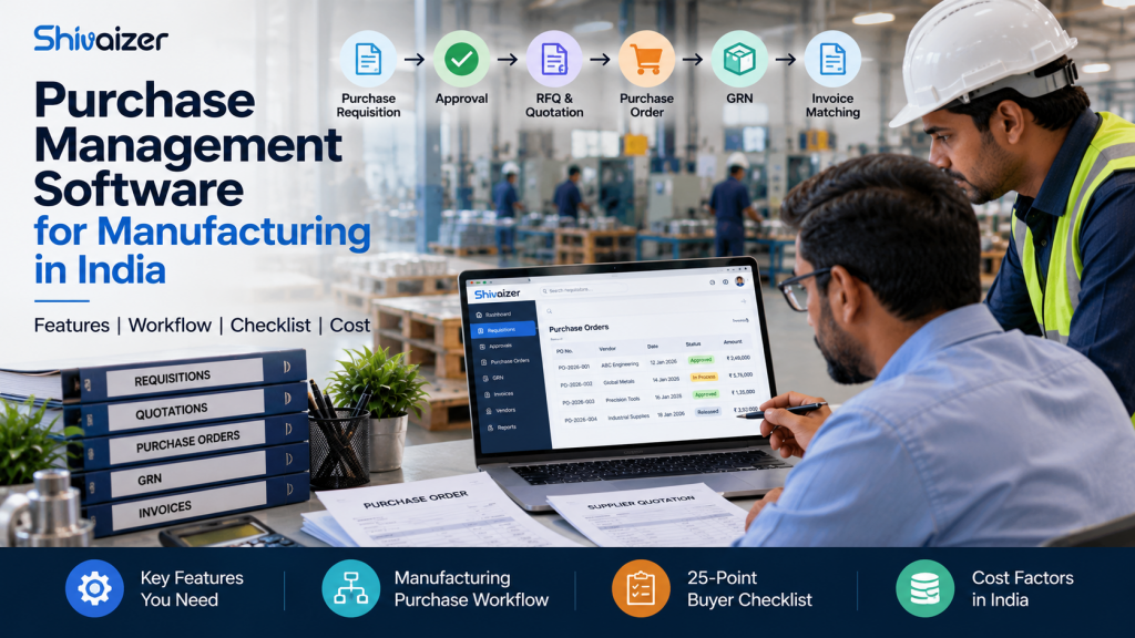 Purchase Management Software for Manufacturing in India Purchase management software for manufacturing in India showing purchase requisitions, approvals, vendor quotations, purchase orders, GRN and invoice matching