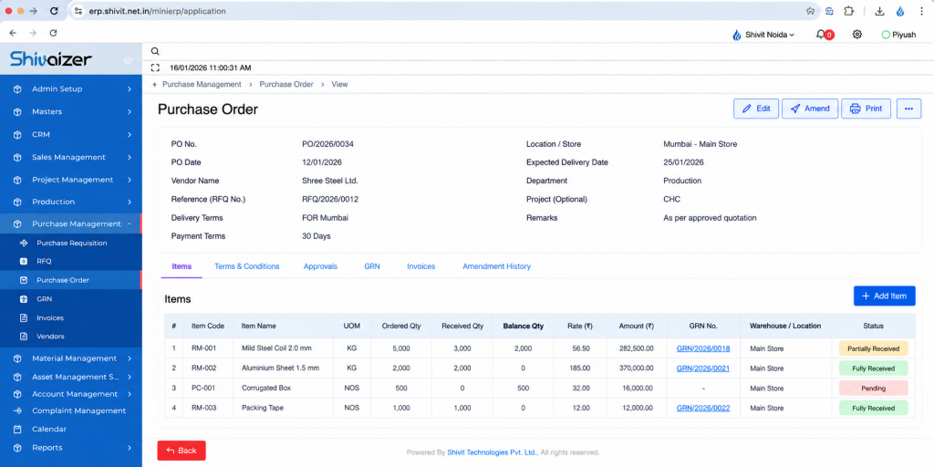 Shivaizer purchase management software purchase order screen showing vendor, ordered quantity, received quantity, GRN status and purchase order tracking