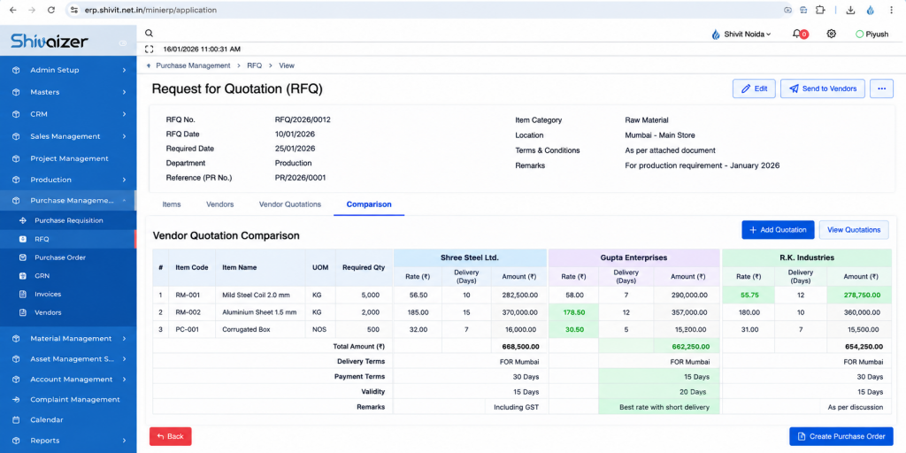 Purchase management software vendor quotation comparison showing supplier prices, delivery terms, payment terms and quotation totals